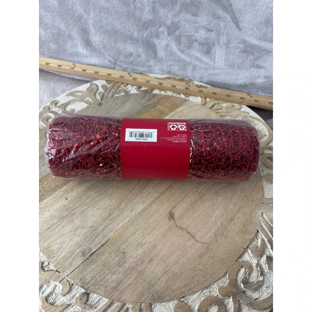 Place & Time Red Glitter Deco Mesh 10 in x 18 ft Holiday Craft Ribbon 1969-6566